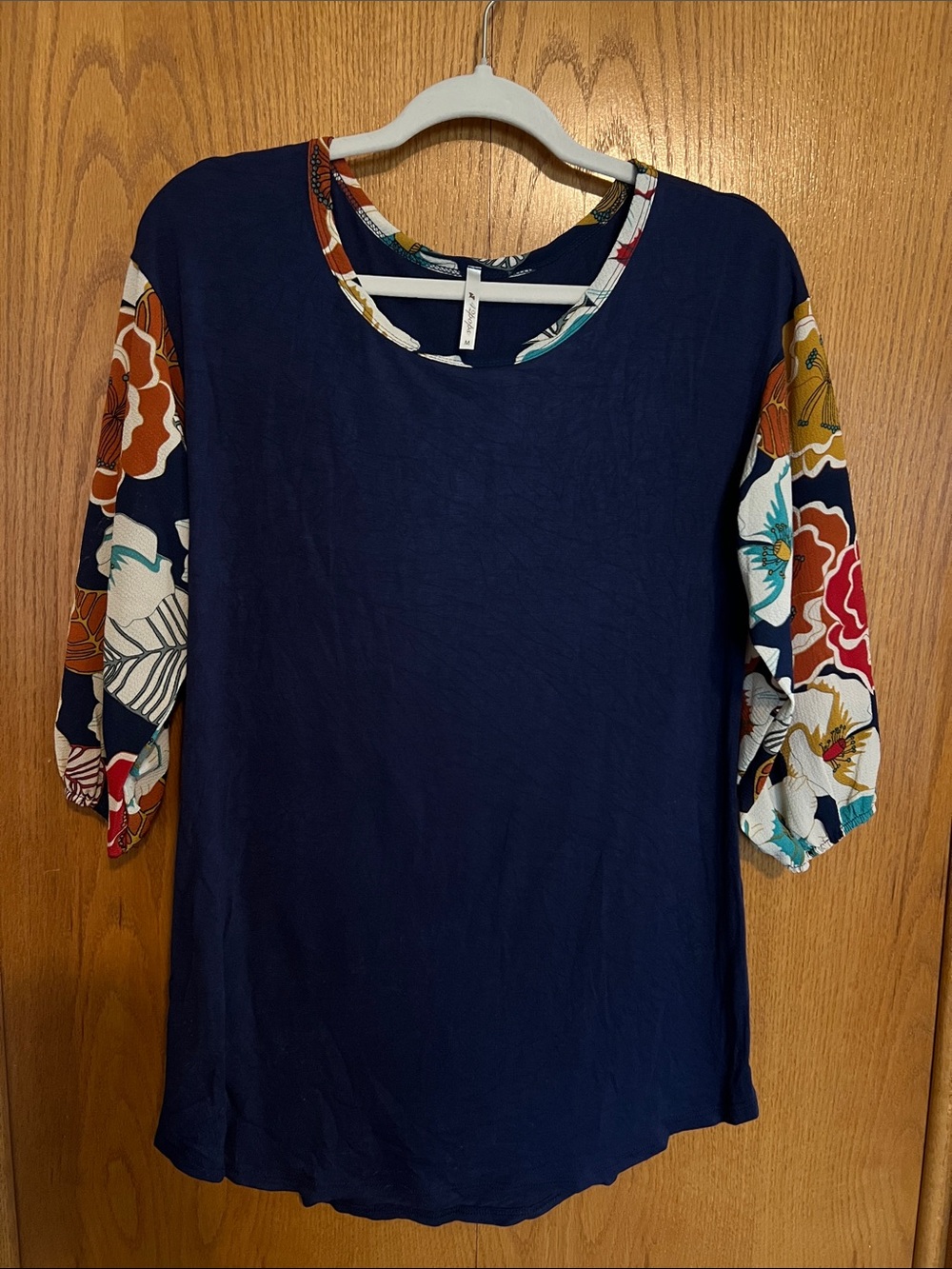 Navy Scoop Neck Tee with Floral Contrast Sleeves